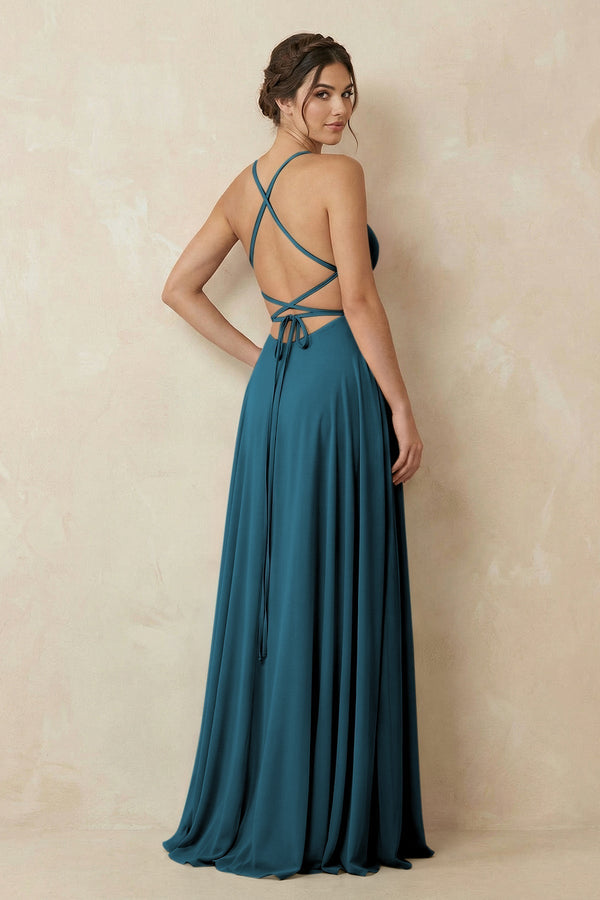 A - Line Chiffon Bridesmaid Dress With Slit in Dark Teal - KissProm Bridesmaid Dresses