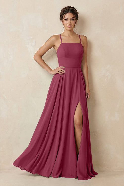 A - Line Chiffon Bridesmaid Dress With Slit in Desert Rose - KissProm Bridesmaid Dresses