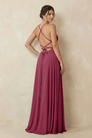 A - Line Chiffon Bridesmaid Dress With Slit in Desert Rose - KissProm Bridesmaid Dresses