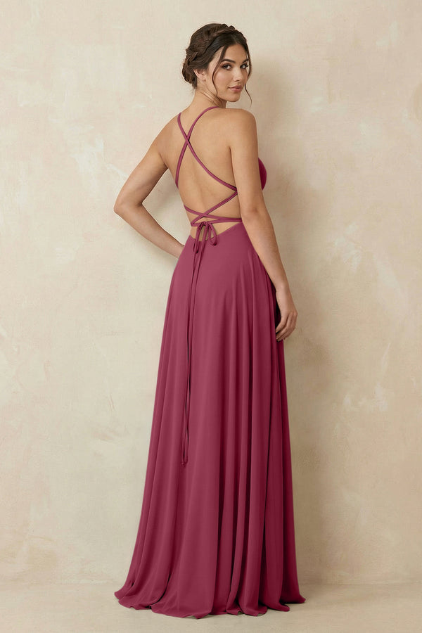 A - Line Chiffon Bridesmaid Dress With Slit in Desert Rose - KissProm Bridesmaid Dresses
