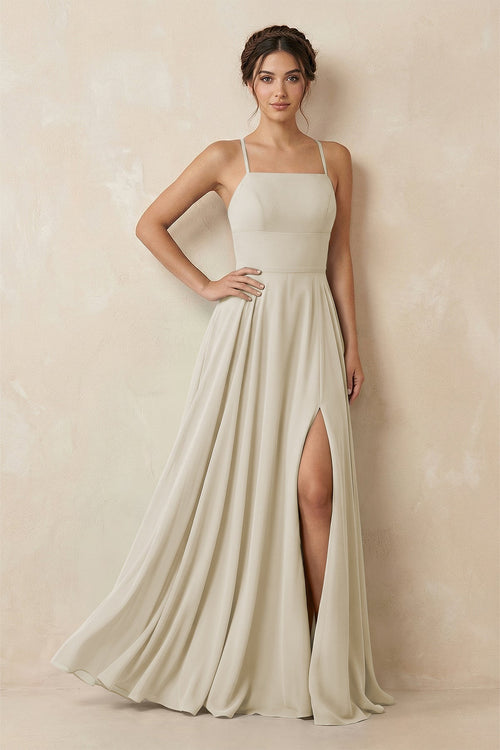 A - Line Chiffon Bridesmaid Dress With Slit in Dove Gray - KissProm Bridesmaid Dresses