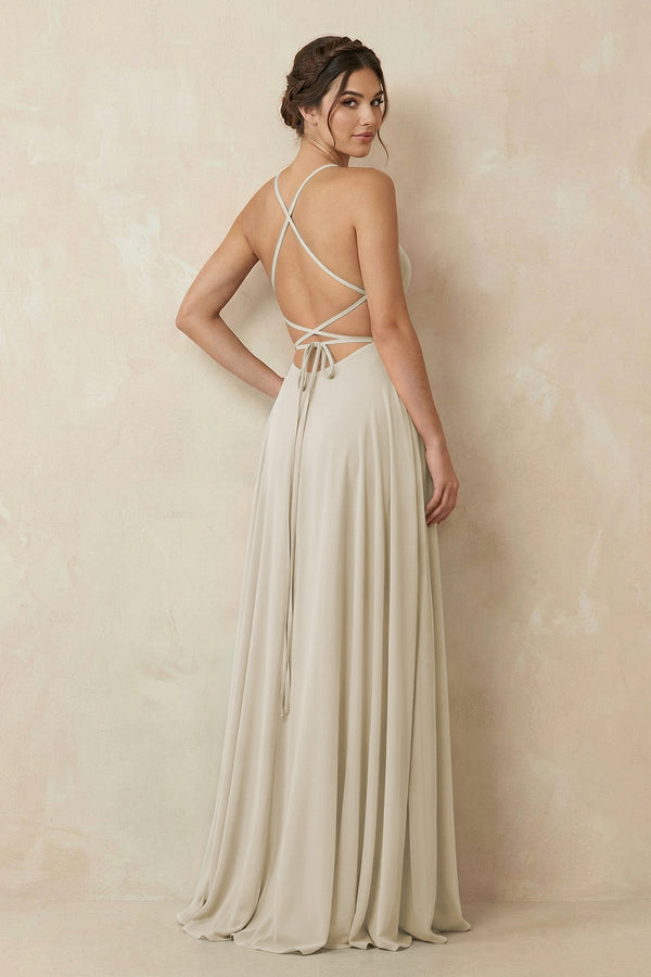 A - Line Chiffon Bridesmaid Dress With Slit in Dove Gray - KissProm Bridesmaid Dresses