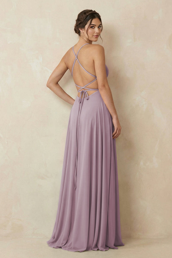 A - Line Chiffon Bridesmaid Dress With Slit in Dusk - KissProm Bridesmaid Dresses