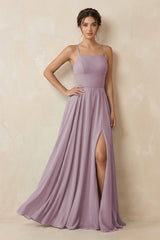 A - Line Chiffon Bridesmaid Dress With Slit in Dusk - KissProm Bridesmaid Dresses