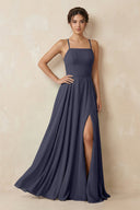 A - Line Chiffon Bridesmaid Dress With Slit in Dusk Blue - KissProm Bridesmaid Dresses