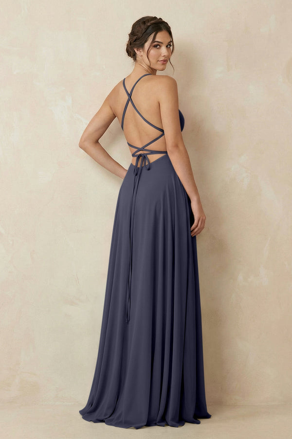 A - Line Chiffon Bridesmaid Dress With Slit in Dusk Blue - KissProm Bridesmaid Dresses