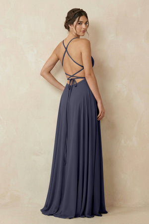 A - Line Chiffon Bridesmaid Dress With Slit in Dusk Blue - KissProm Bridesmaid Dresses