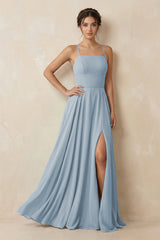 A - Line Chiffon Bridesmaid Dress With Slit in Dusty Blue - KissProm Bridesmaid Dresses