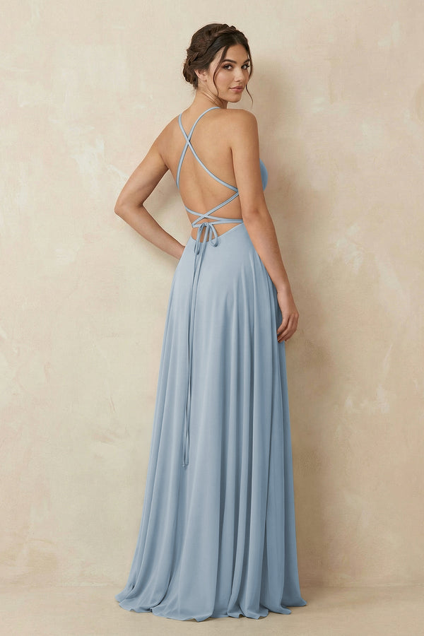 A - Line Chiffon Bridesmaid Dress With Slit in Dusty Blue - KissProm Bridesmaid Dresses