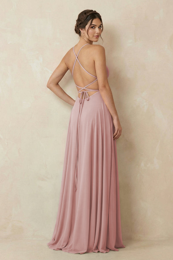 A - Line Chiffon Bridesmaid Dress With Slit in Dusty Rose - KissProm Bridesmaid Dresses