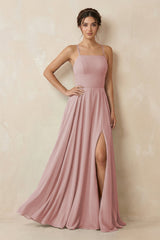 A - Line Chiffon Bridesmaid Dress With Slit in Dusty Rose - KissProm Bridesmaid Dresses