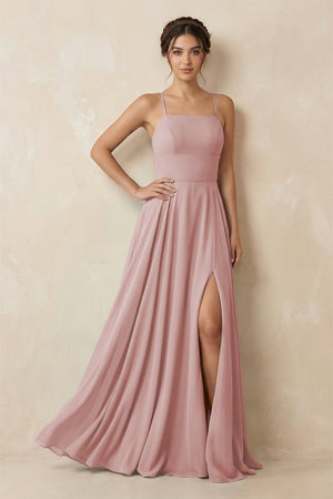 A - Line Chiffon Bridesmaid Dress With Slit in Dusty Rose - KissProm Bridesmaid Dresses