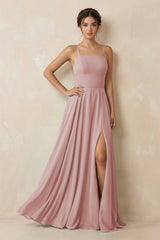A - Line Chiffon Bridesmaid Dress With Slit in Dusty Rose - KissProm Bridesmaid Dresses