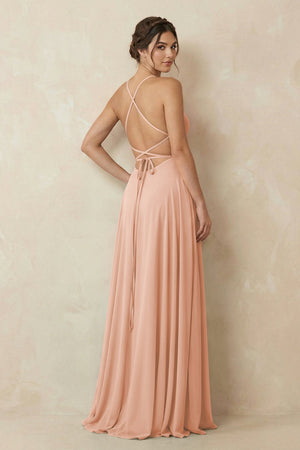 A - Line Chiffon Bridesmaid Dress With Slit in English Rose - KissProm Bridesmaid Dresses