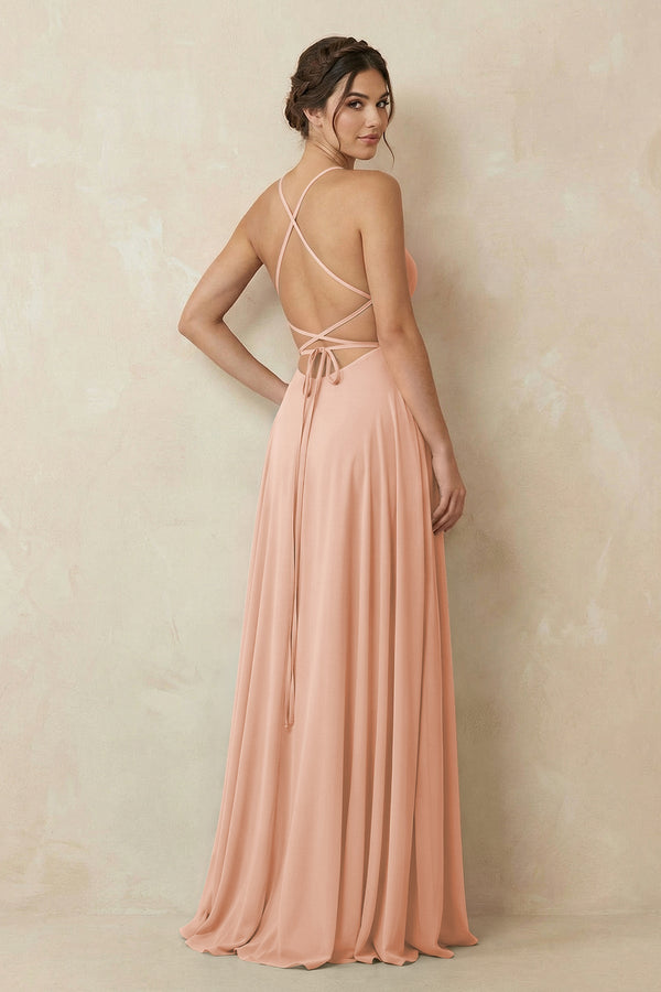 A - Line Chiffon Bridesmaid Dress With Slit in English Rose - KissProm Bridesmaid Dresses