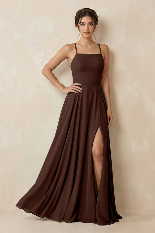 A - Line Chiffon Bridesmaid Dress With Slit in Espresso - KissProm Bridesmaid Dresses