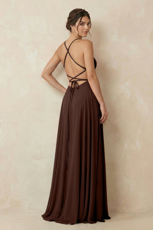 A - Line Chiffon Bridesmaid Dress With Slit in Espresso - KissProm Bridesmaid Dresses