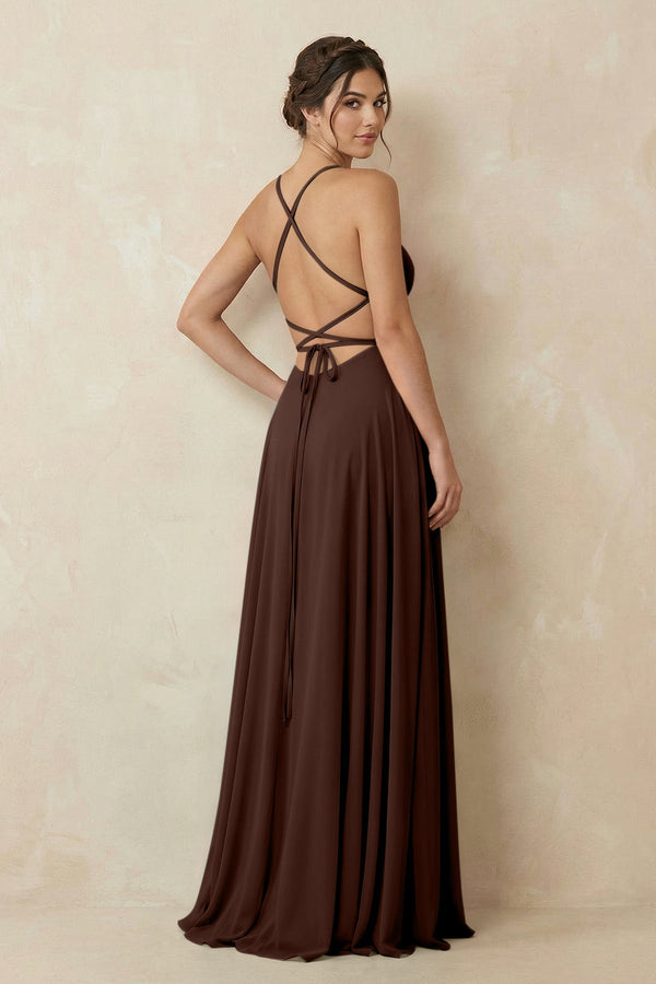 A - Line Chiffon Bridesmaid Dress With Slit in Espresso - KissProm Bridesmaid Dresses