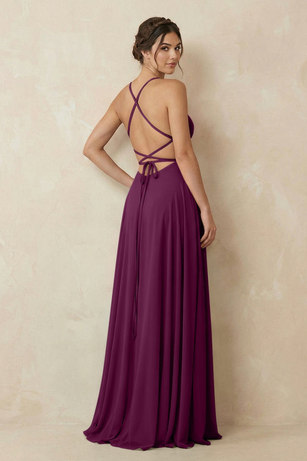 A - Line Chiffon Bridesmaid Dress With Slit in Fig - KissProm Bridesmaid Dresses