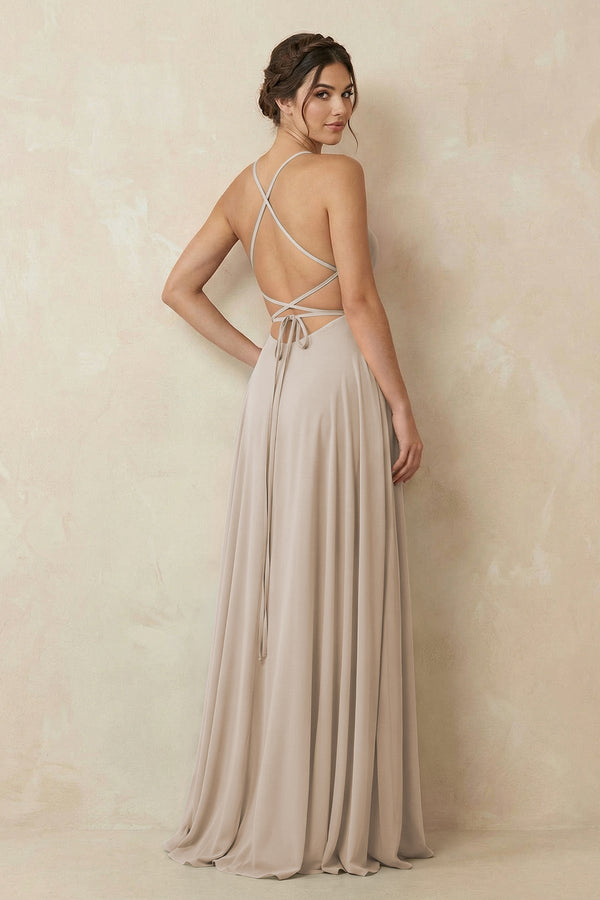 A - Line Chiffon Bridesmaid Dress With Slit in Frost - KissProm Bridesmaid Dresses