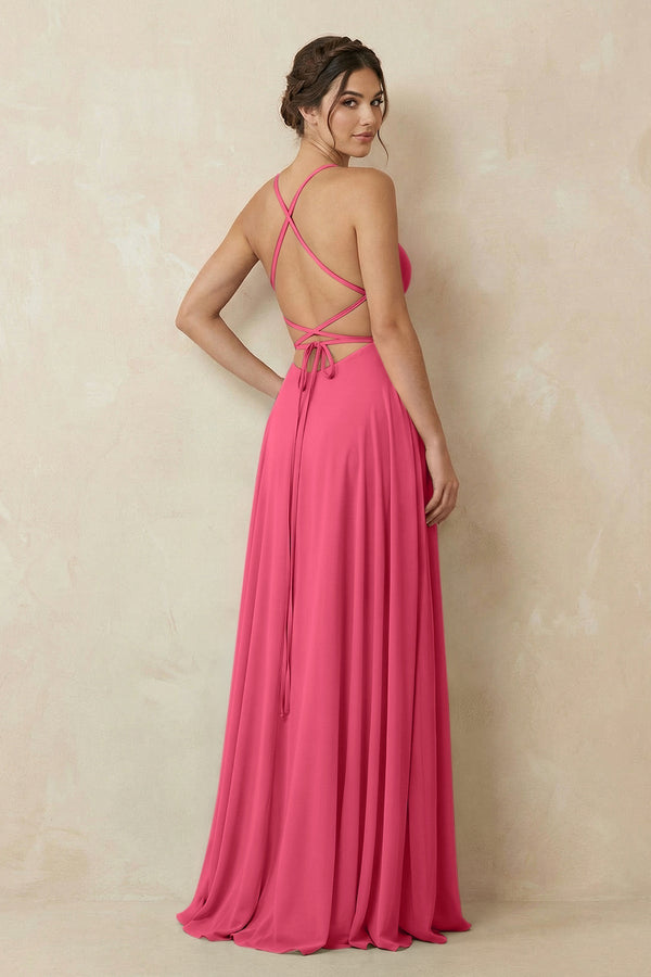 A - Line Chiffon Bridesmaid Dress With Slit in Fuchsia - KissProm Bridesmaid Dresses