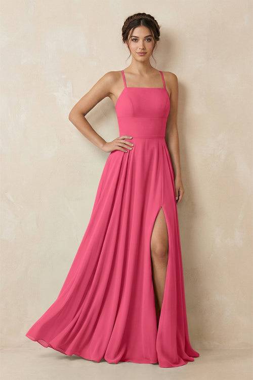 A - Line Chiffon Bridesmaid Dress With Slit in Fuchsia - KissProm Bridesmaid Dresses