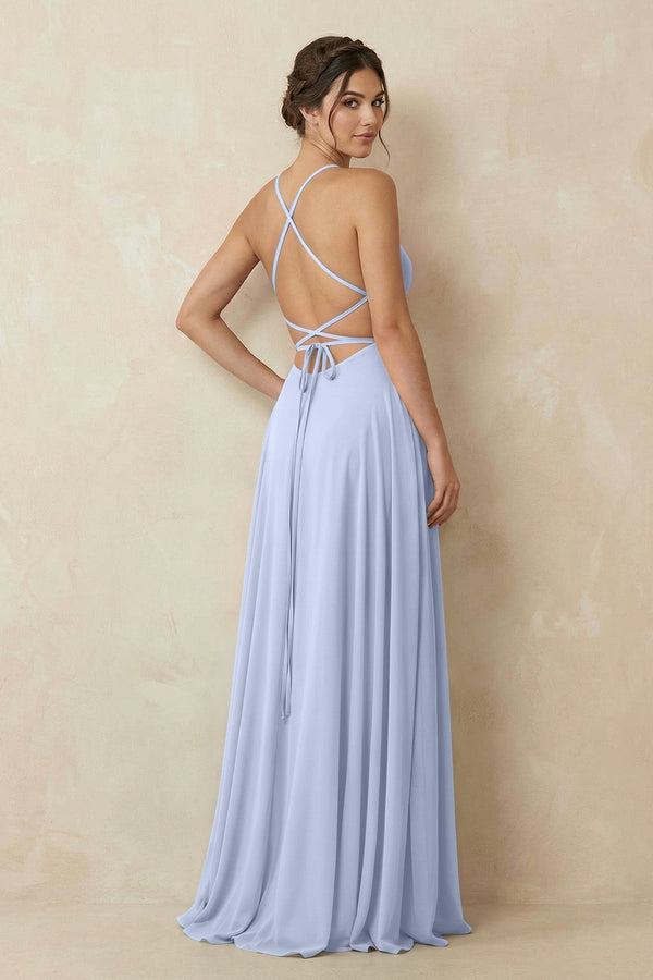 A - Line Chiffon Bridesmaid Dress With Slit in Ice - KissProm Bridesmaid Dresses