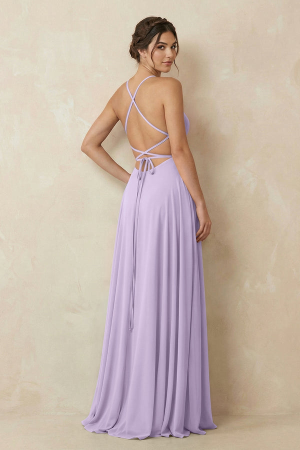 A - Line Chiffon Bridesmaid Dress With Slit in Lavender - KissProm Bridesmaid Dresses