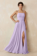 A - Line Chiffon Bridesmaid Dress With Slit in Lavender - KissProm Bridesmaid Dresses