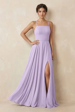 A - Line Chiffon Bridesmaid Dress With Slit in Lavender - KissProm Bridesmaid Dresses