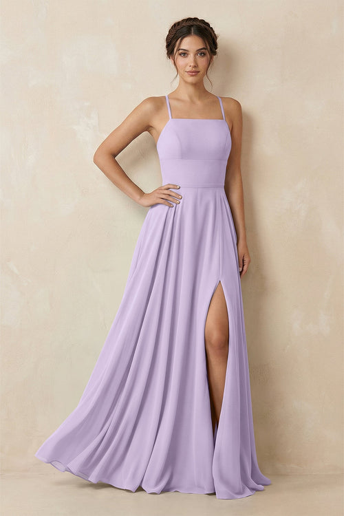 A - Line Chiffon Bridesmaid Dress With Slit in Lavender - KissProm Bridesmaid Dresses