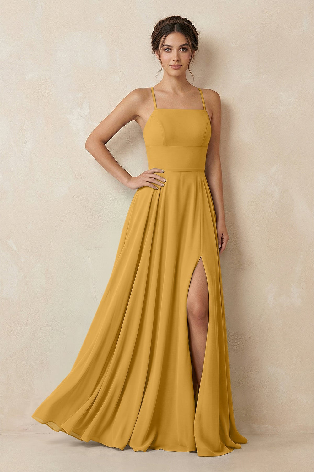A - Line Chiffon Bridesmaid Dress With Slit in Marigold - KissProm Bridesmaid Dresses