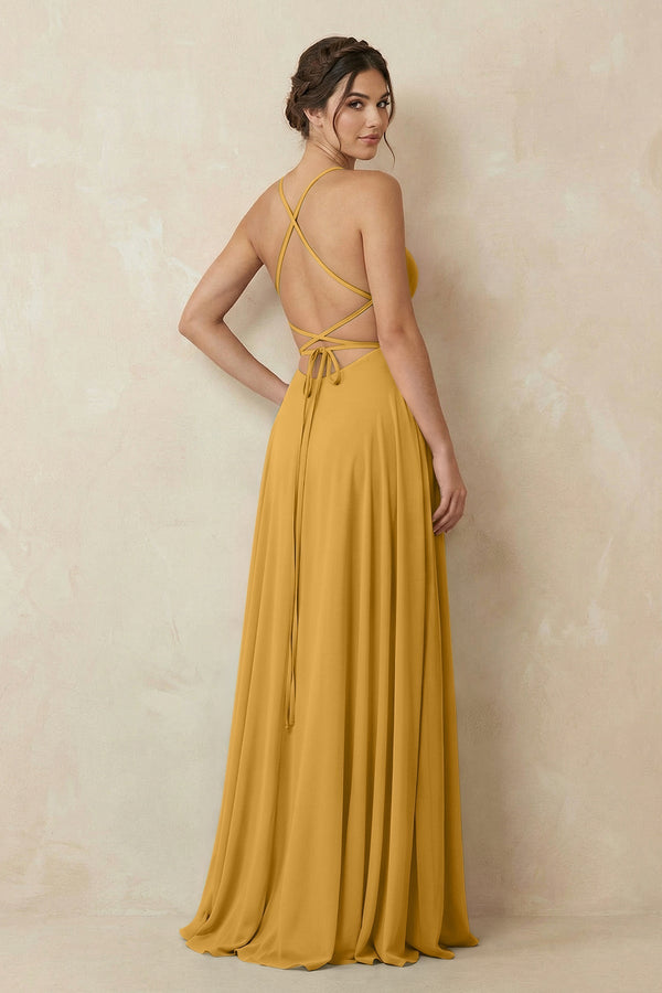 A - Line Chiffon Bridesmaid Dress With Slit in Marigold - KissProm Bridesmaid Dresses