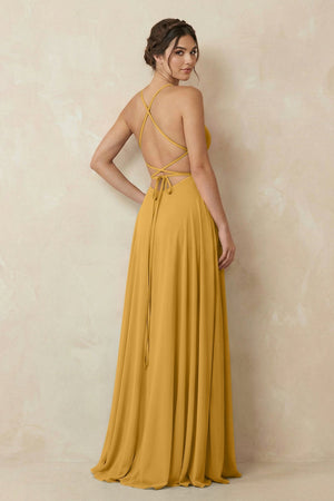 A - Line Chiffon Bridesmaid Dress With Slit in Marigold - KissProm Bridesmaid Dresses