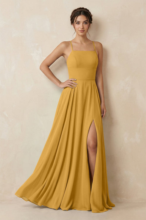 A - Line Chiffon Bridesmaid Dress With Slit in Marigold - KissProm Bridesmaid Dresses