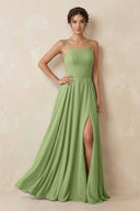 A - Line Chiffon Bridesmaid Dress With Slit in Matcha - KissProm Bridesmaid Dresses