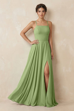 A - Line Chiffon Bridesmaid Dress With Slit in Matcha - KissProm Bridesmaid Dresses