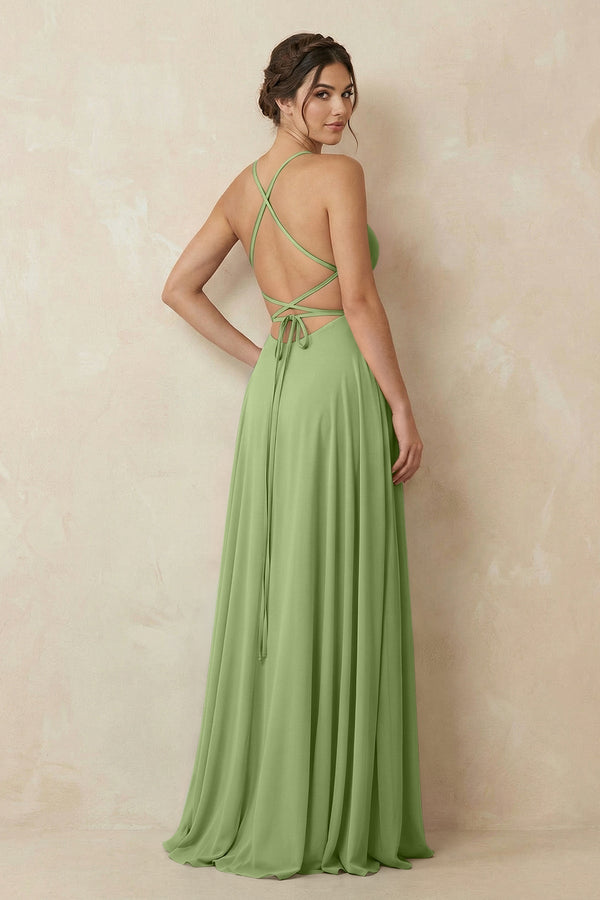 A - Line Chiffon Bridesmaid Dress With Slit in Matcha - KissProm Bridesmaid Dresses