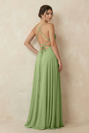 A - Line Chiffon Bridesmaid Dress With Slit in Matcha - KissProm Bridesmaid Dresses