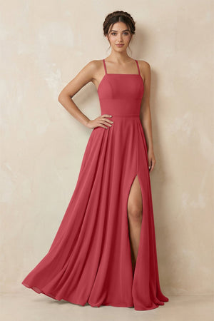 A - Line Chiffon Bridesmaid Dress With Slit in Merlot - KissProm Bridesmaid Dresses