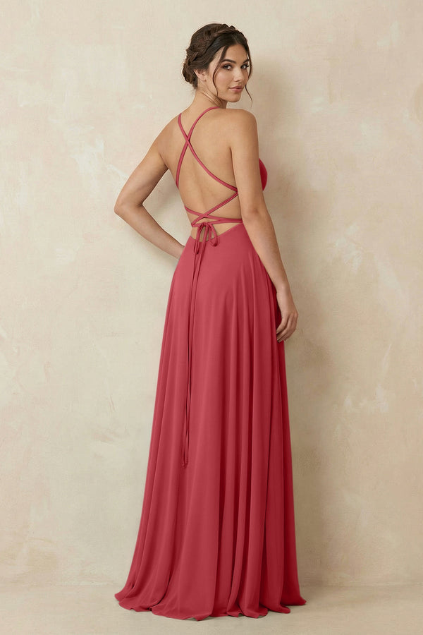 A - Line Chiffon Bridesmaid Dress With Slit in Merlot - KissProm Bridesmaid Dresses