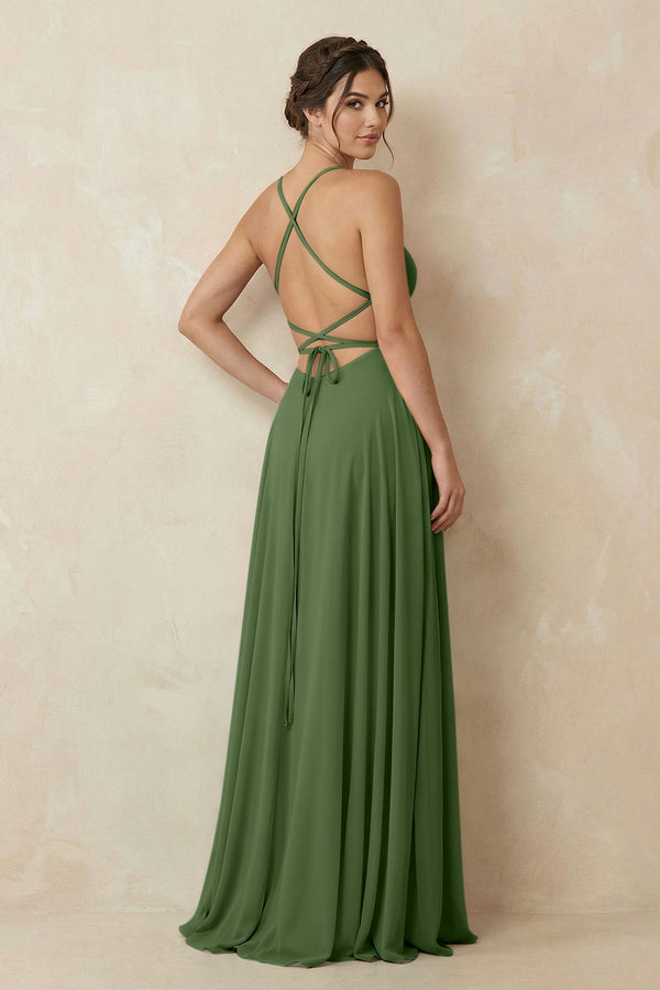 A - Line Chiffon Bridesmaid Dress With Slit in Moss - KissProm Bridesmaid Dresses