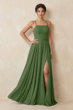 A - Line Chiffon Bridesmaid Dress With Slit in Moss - KissProm Bridesmaid Dresses
