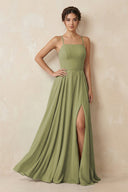 A - Line Chiffon Bridesmaid Dress With Slit in Moss Green - KissProm Bridesmaid Dresses