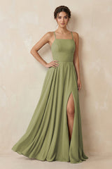 A - Line Chiffon Bridesmaid Dress With Slit in Moss Green - KissProm Bridesmaid Dresses