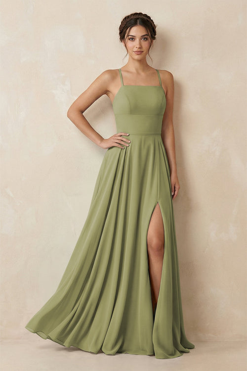 A - Line Chiffon Bridesmaid Dress With Slit in Moss Green - KissProm Bridesmaid Dresses