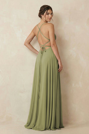 A - Line Chiffon Bridesmaid Dress With Slit in Moss Green - KissProm Bridesmaid Dresses