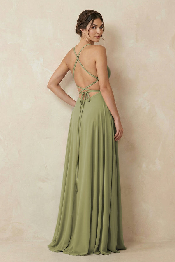 A - Line Chiffon Bridesmaid Dress With Slit in Moss Green - KissProm Bridesmaid Dresses