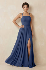 A - Line Chiffon Bridesmaid Dress With Slit in Navy - KissProm Bridesmaid Dresses