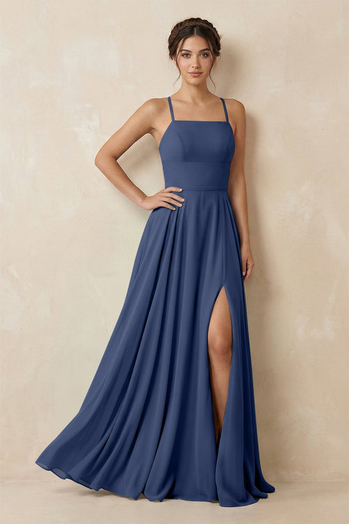 A - Line Chiffon Bridesmaid Dress With Slit in Navy - KissProm Bridesmaid Dresses